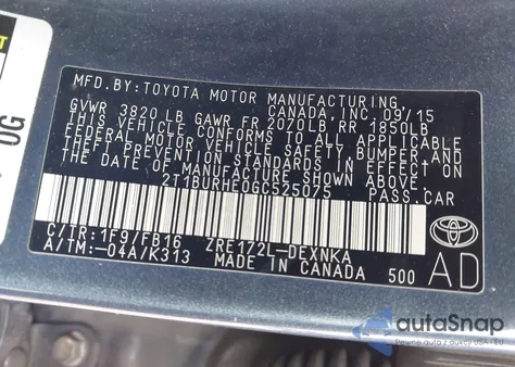2016 Toyota Corolla Le from USA, damaged, VIN 2T1BURHE0GC525075